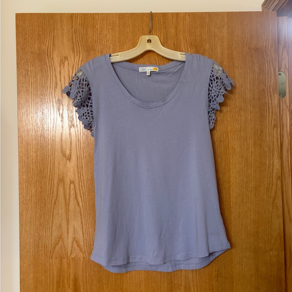 C&C California Lavender Short Sleeve Tee with Crochet Cap Sleeves
